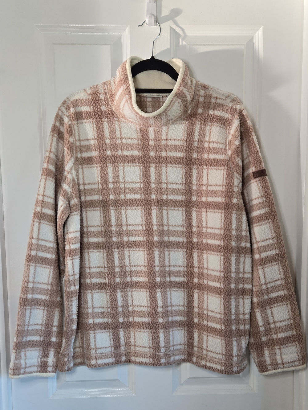 L.L. Bean XL Super Cozy Pullover Fleece Funnel Neck Tan Beige White Plaid